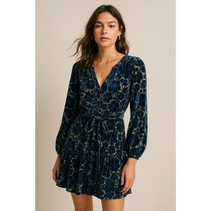 Greylin‎ Floral Velvet Mini Dress Navy Blue Green Tie Waist Large Whimsigoth